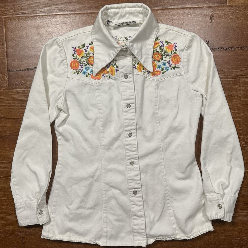 Vintage 70s Allie Flynn Evan Roberts Pearl Snap Denim Shirt Women S White Floral